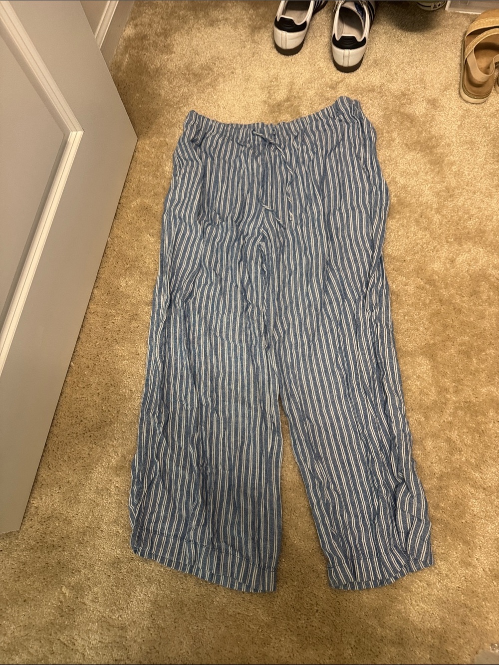 Men's Blue Striped Casual Linen-Blend Pants